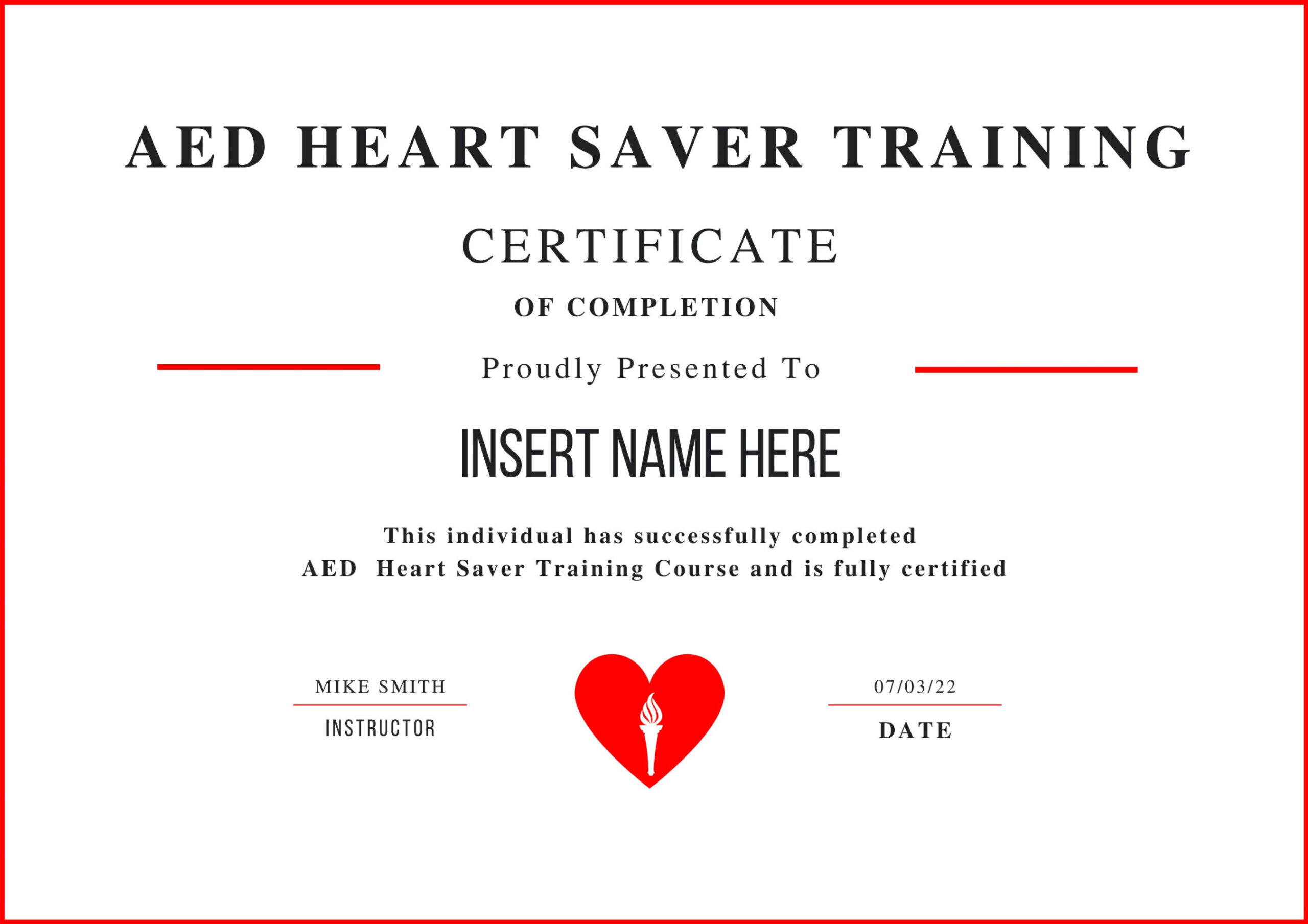 AED Heart Training Certificate, CPR Editable Template, Cpr Course