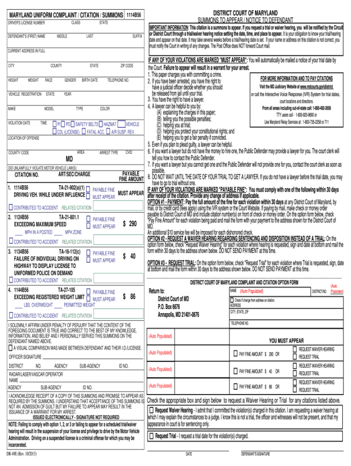 District Court of Maryland Summons and Citations B