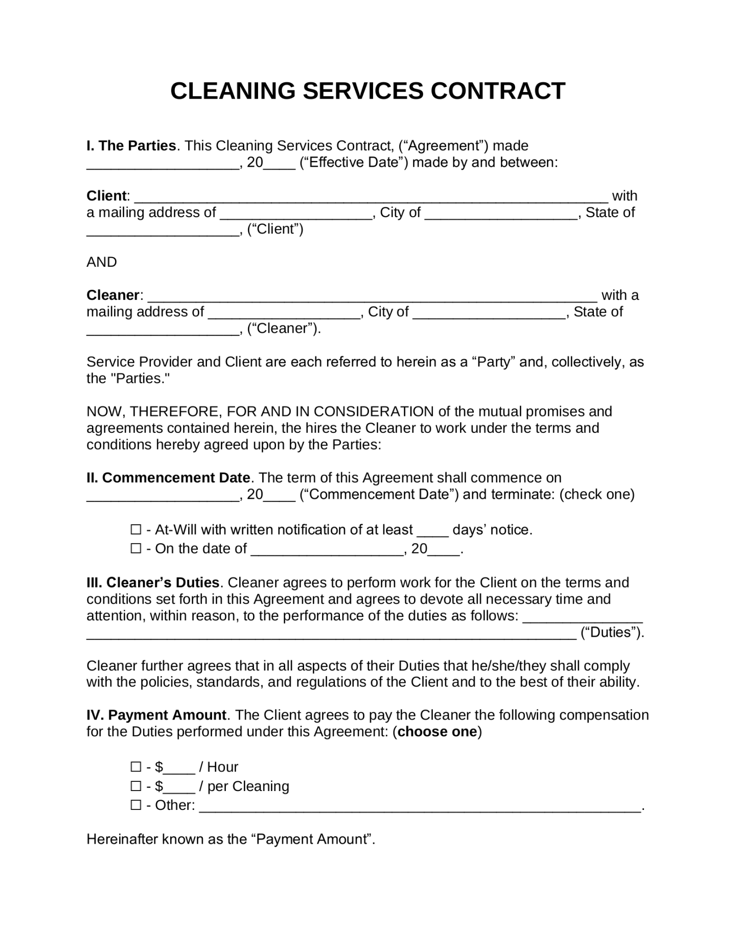 Free Cleaning Service Contract Template - PDF  Word – eForms