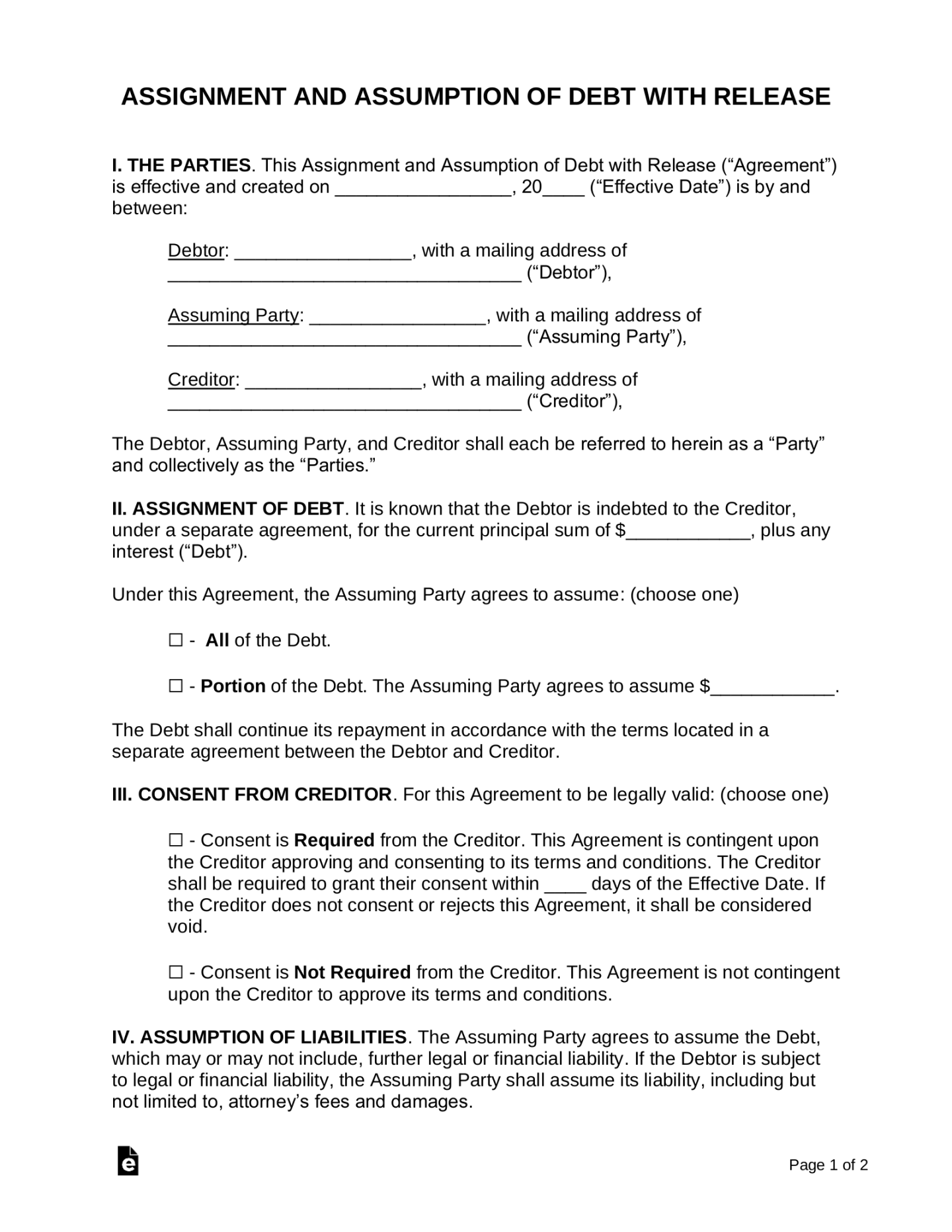 Free Debt Assignment and Assumption Agreement  Sample - PDF