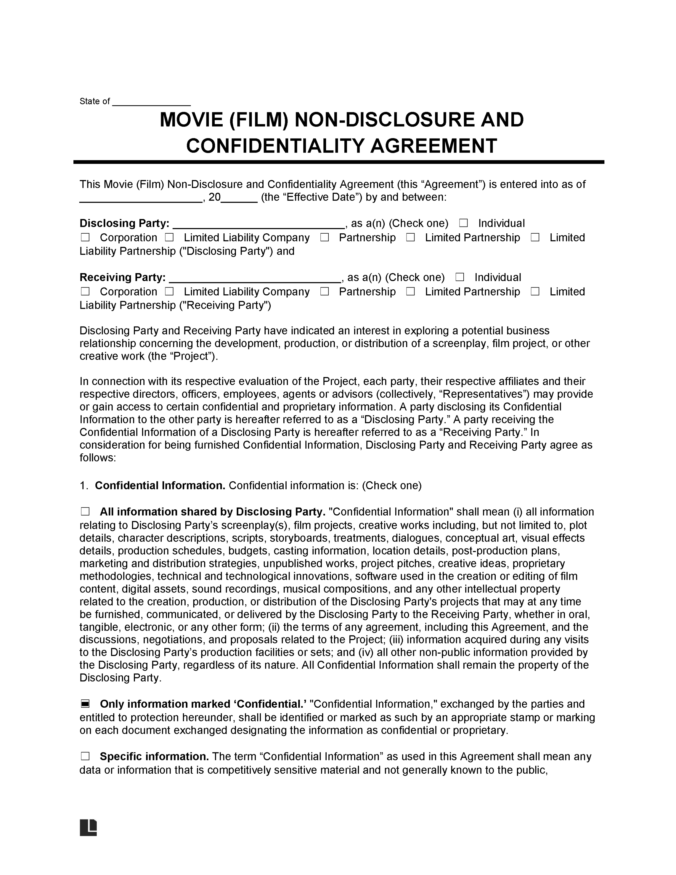 Free Movie (Film) Non-Disclosure Agreement (NDA) Template  PDF & Word