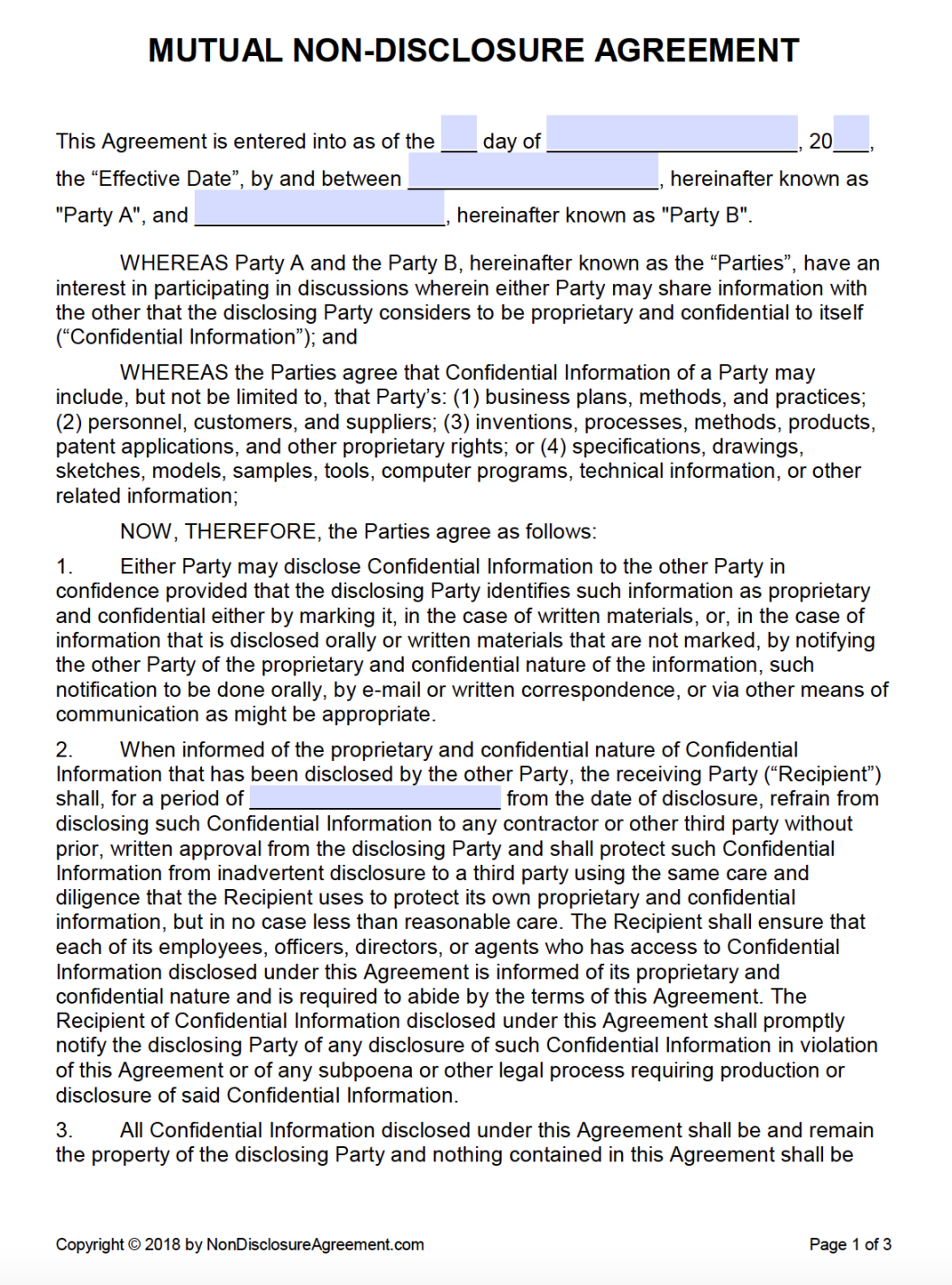 Free Mutual Non-Disclosure Agreement (NDA)  PDF  Word (