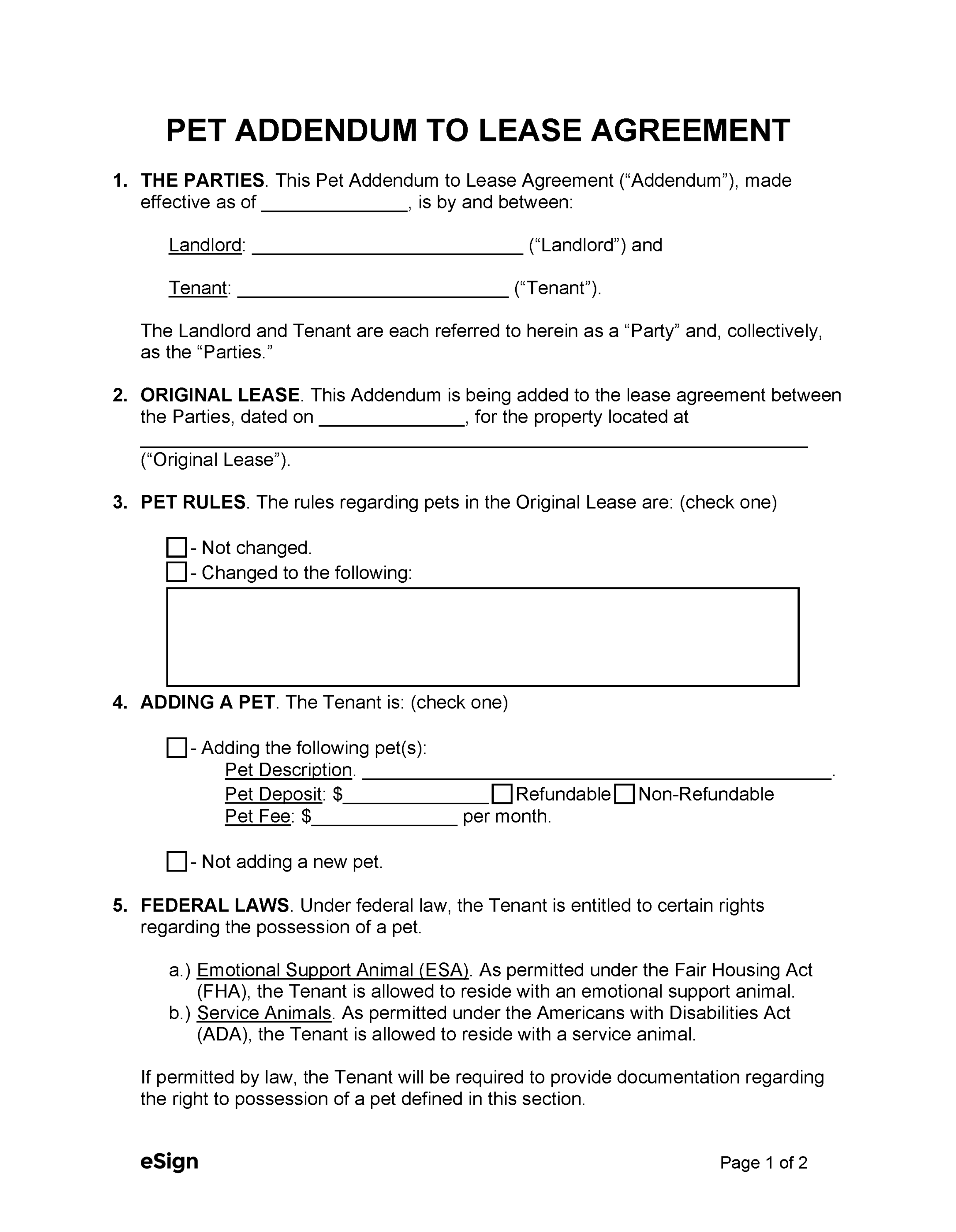 Free Pet Addendum to Lease Templates ()  PDF  Word