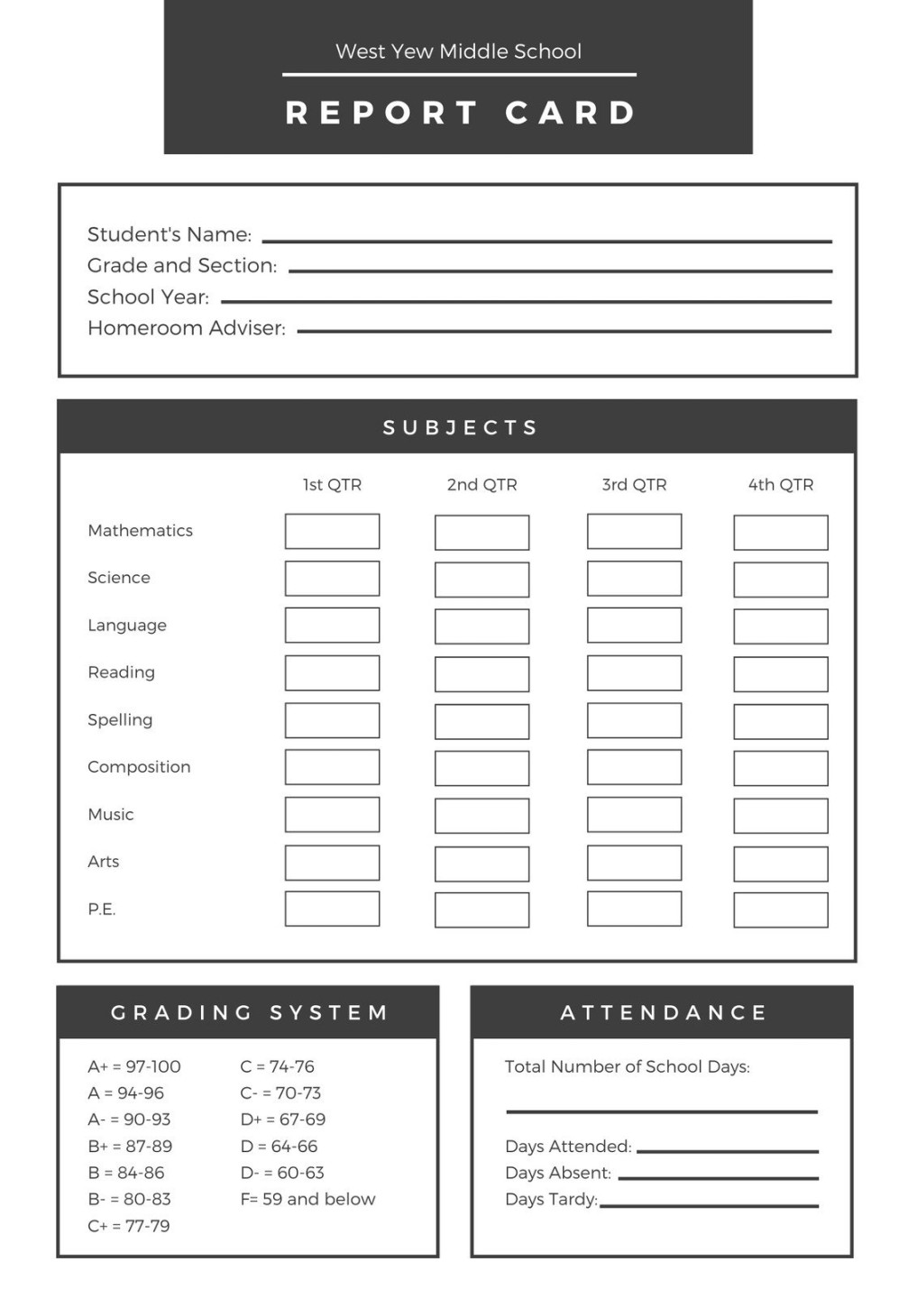 Free printable middle school report card templates  Canva