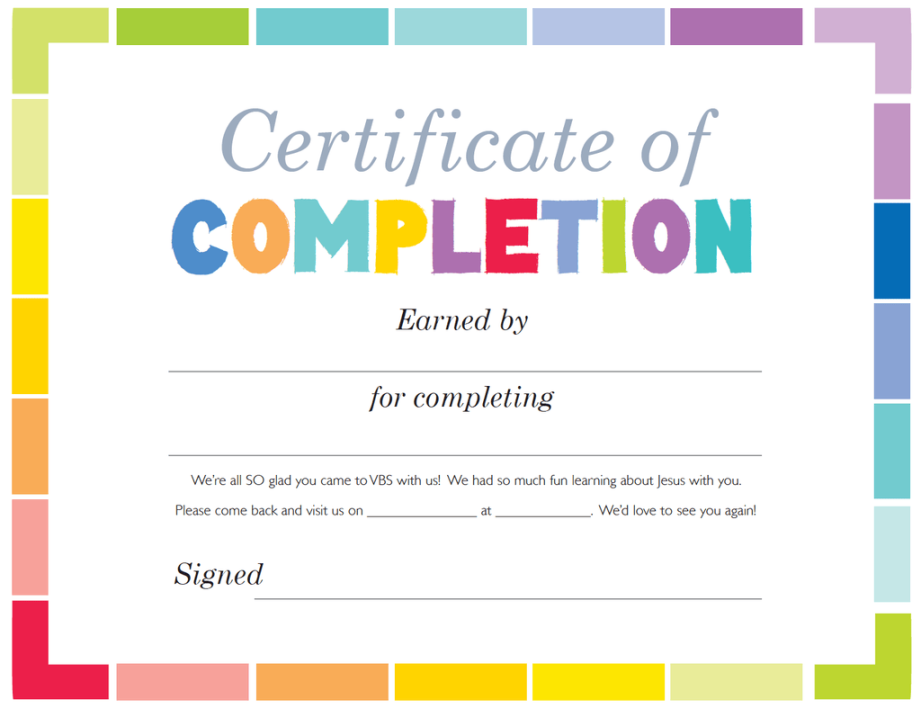 FREE VBS Certificate of Completion