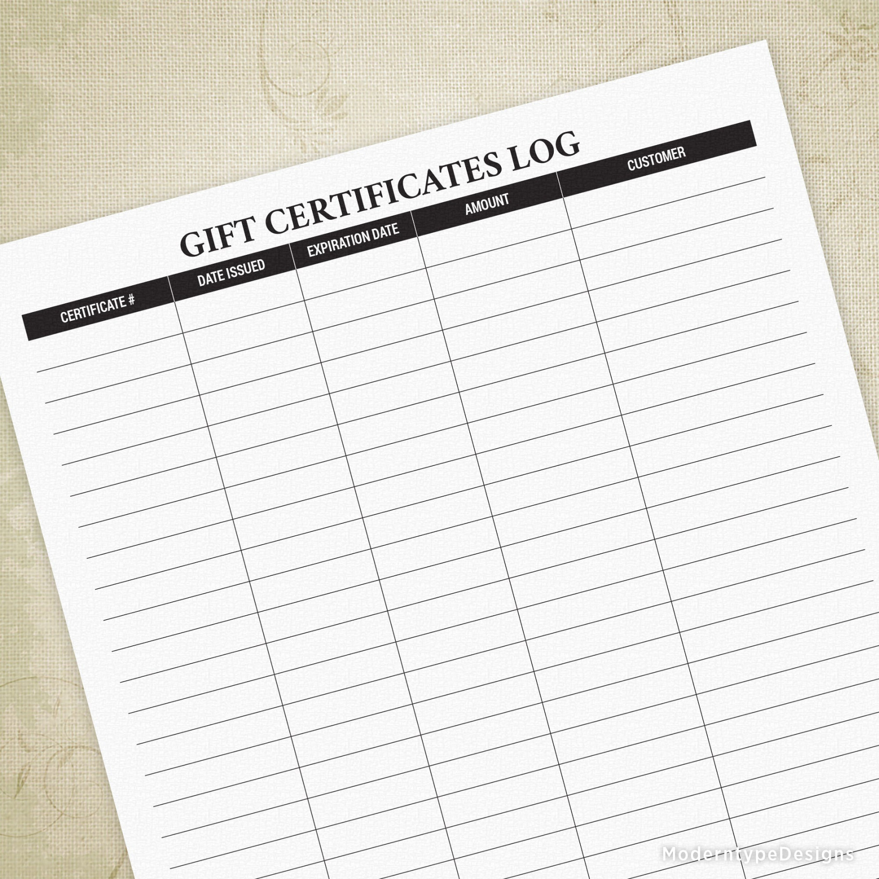 Gift Certificates Log Printable