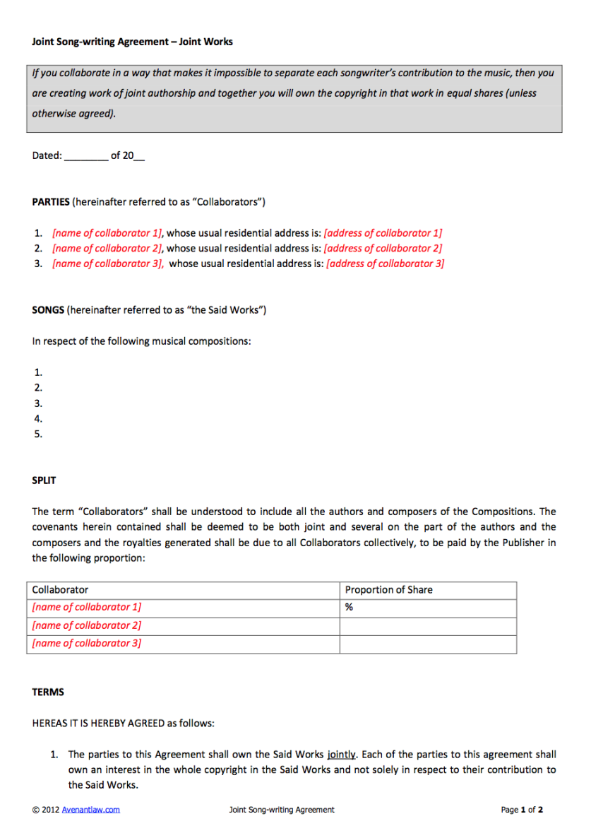 Joint Songwriting Contract Template