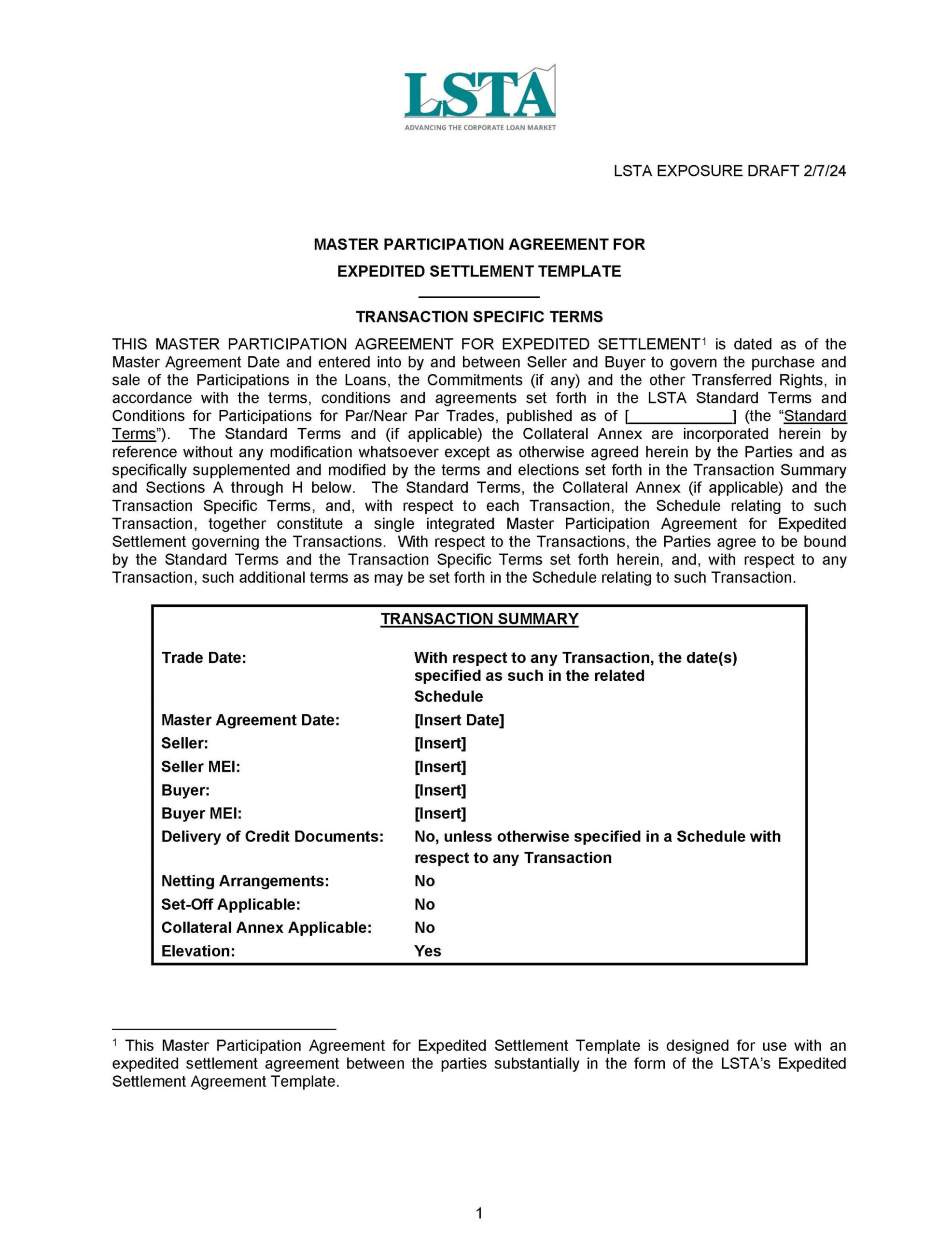 LSTA Master Participation Agreement for Expedited Settlement