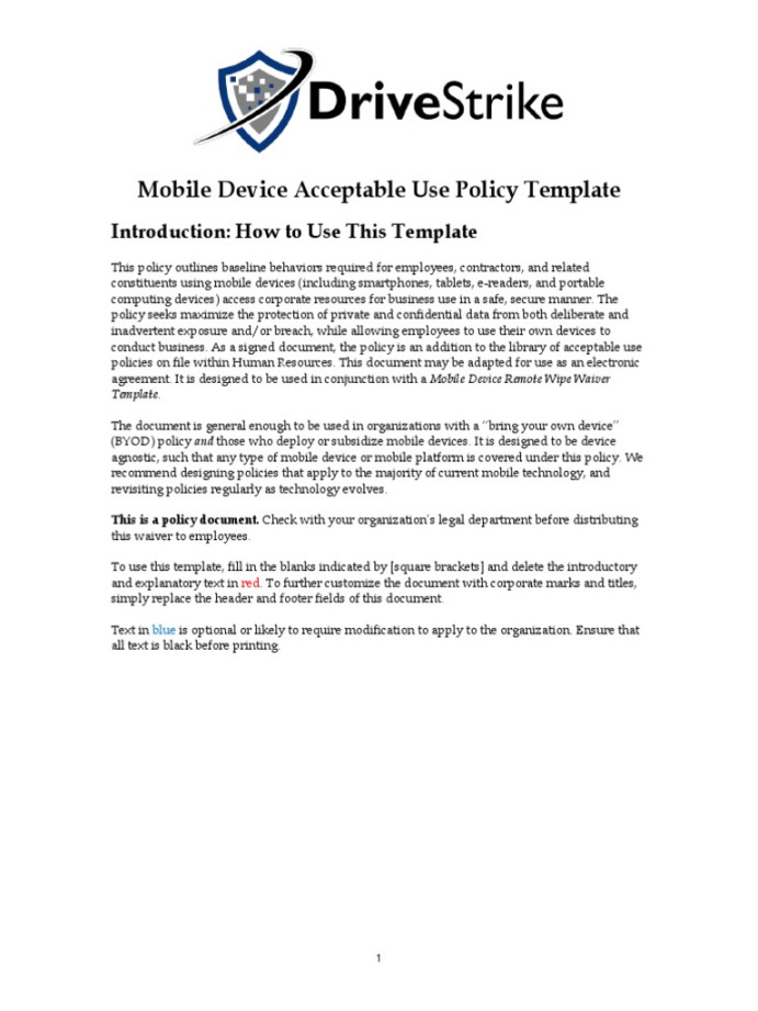 Mobile Device Acceptable Use Policy TEMPLATE  PDF  Computer