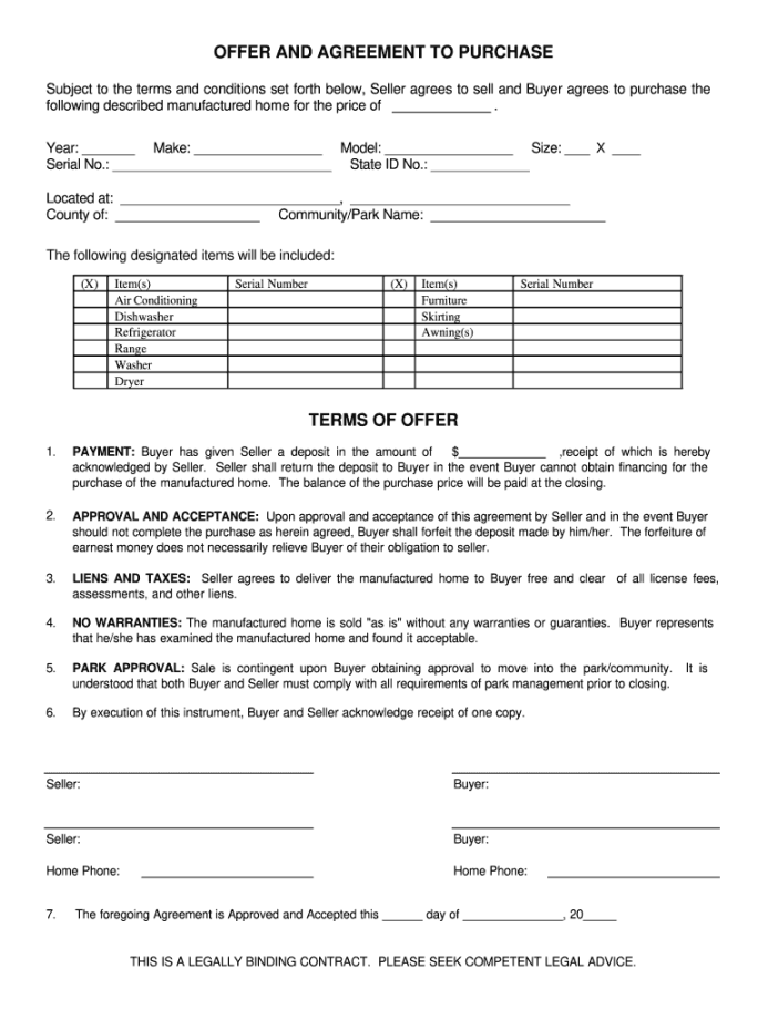 Mobile Home Purchase Agreement - Fill Online, Printable, Fillable