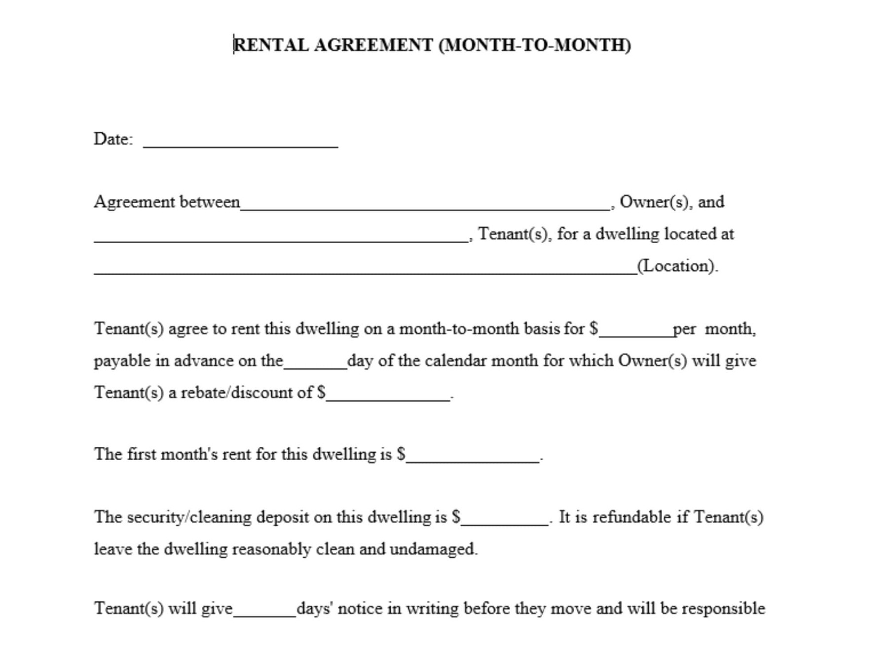 MONTH-TO-MONTH Rental Agreement/ Editable Rental Agreement/ Simple