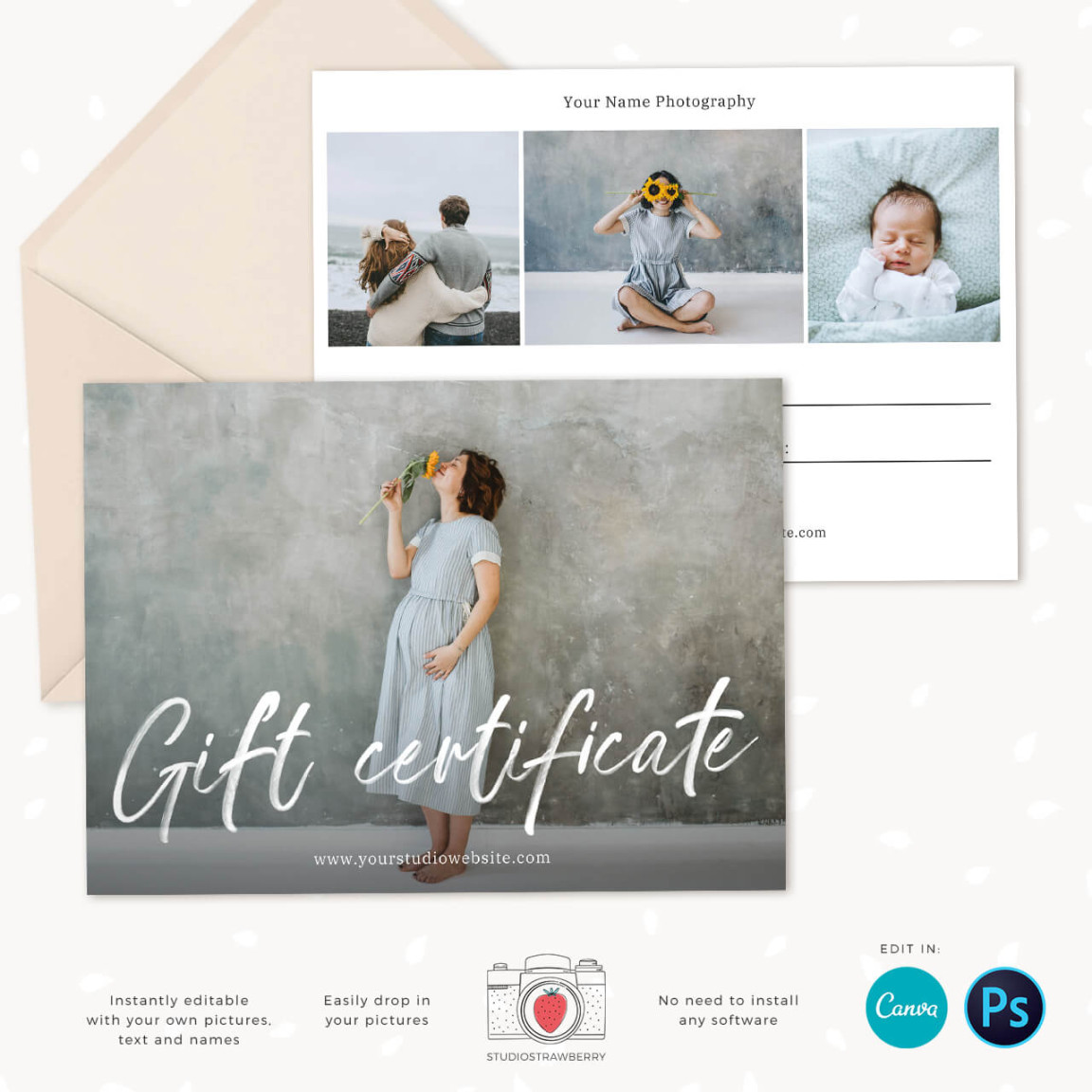 Photography gift certificate template for Canva & Photoshop