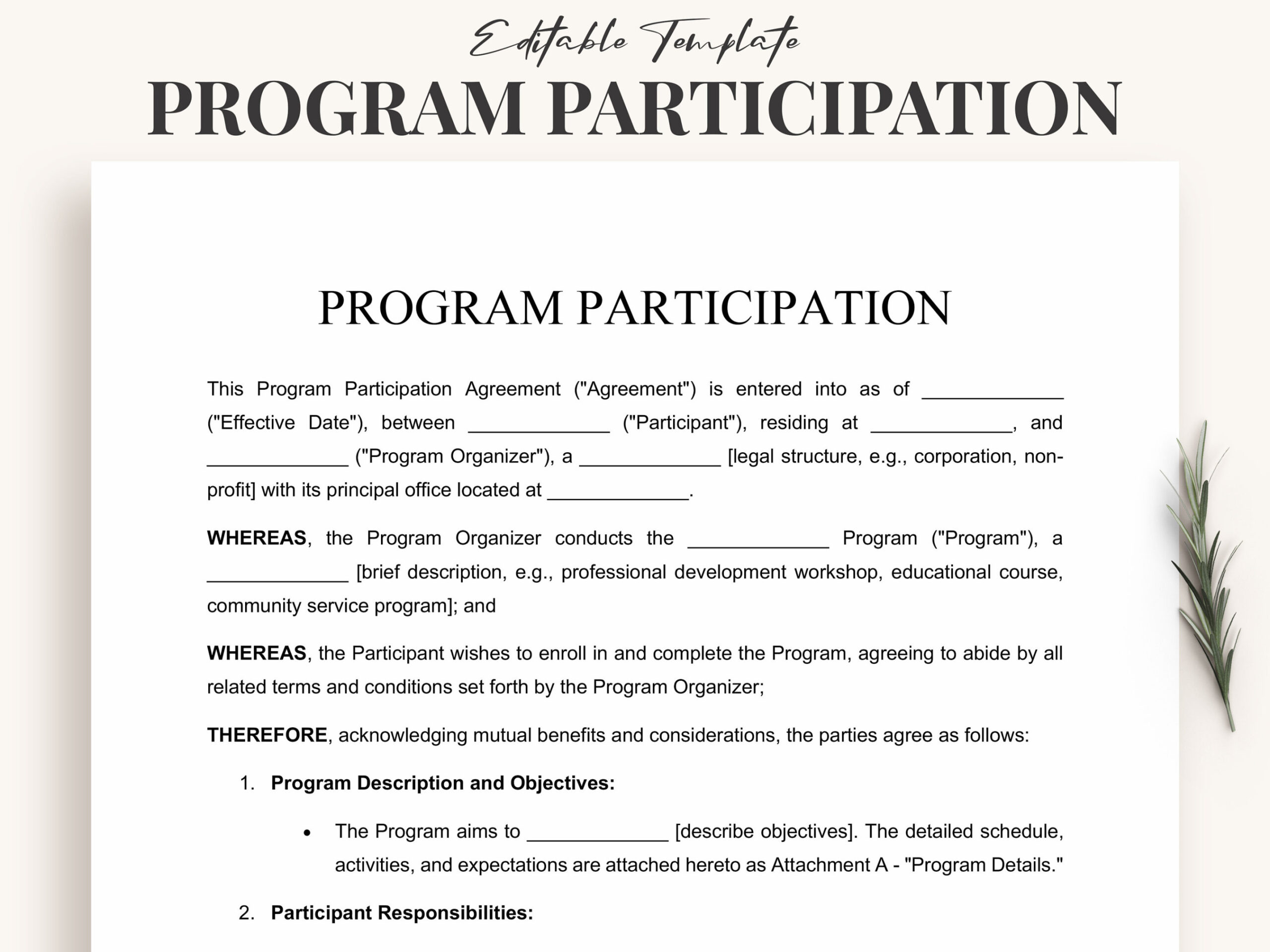 Program Participation Agreement Template Instant Download