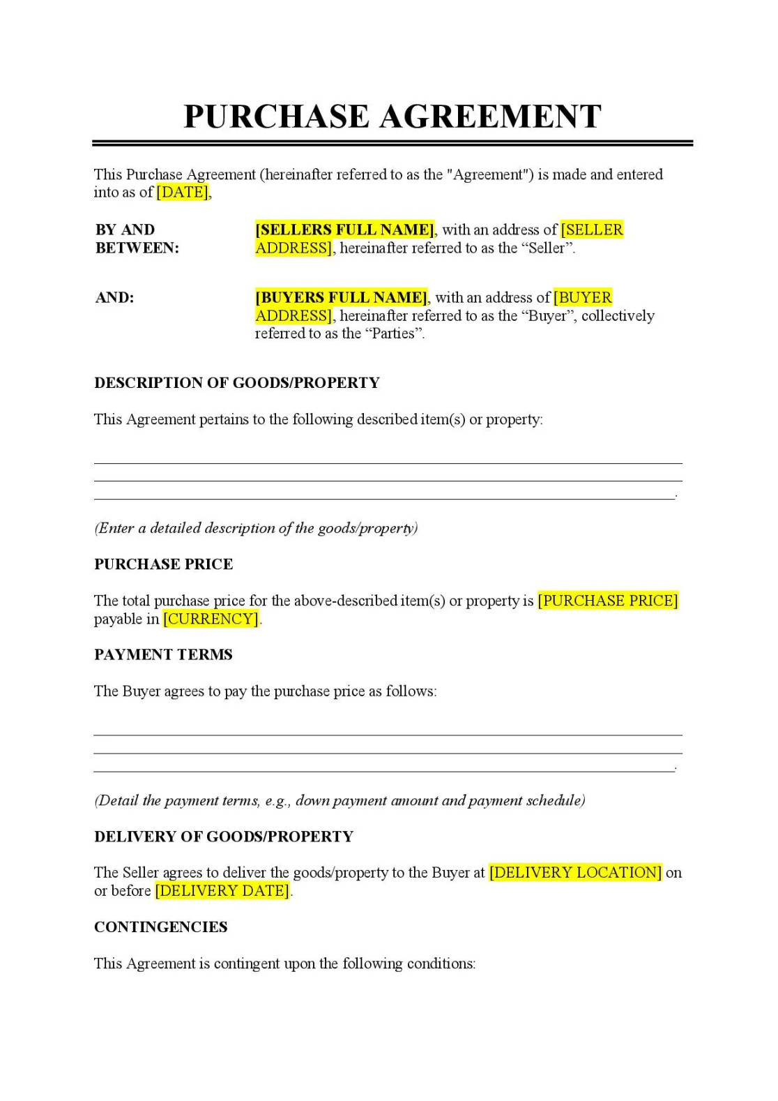 Purchase Agreement Template - Free Download - Easy Legal Docs