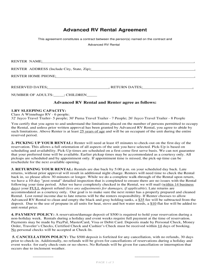 Rv Rental Agreement - Fill Online, Printable, Fillable, Blank