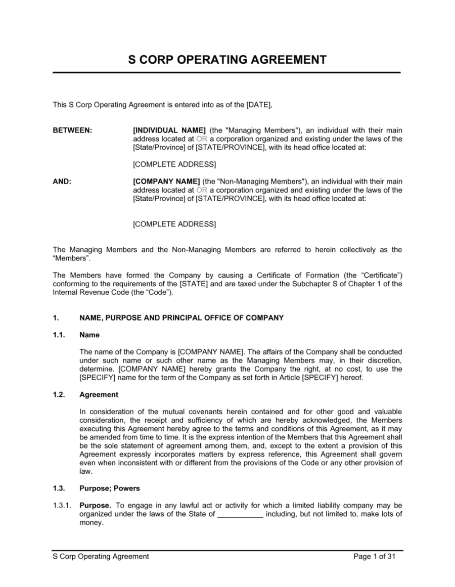 S Corp Operating Agreement Template  [Download