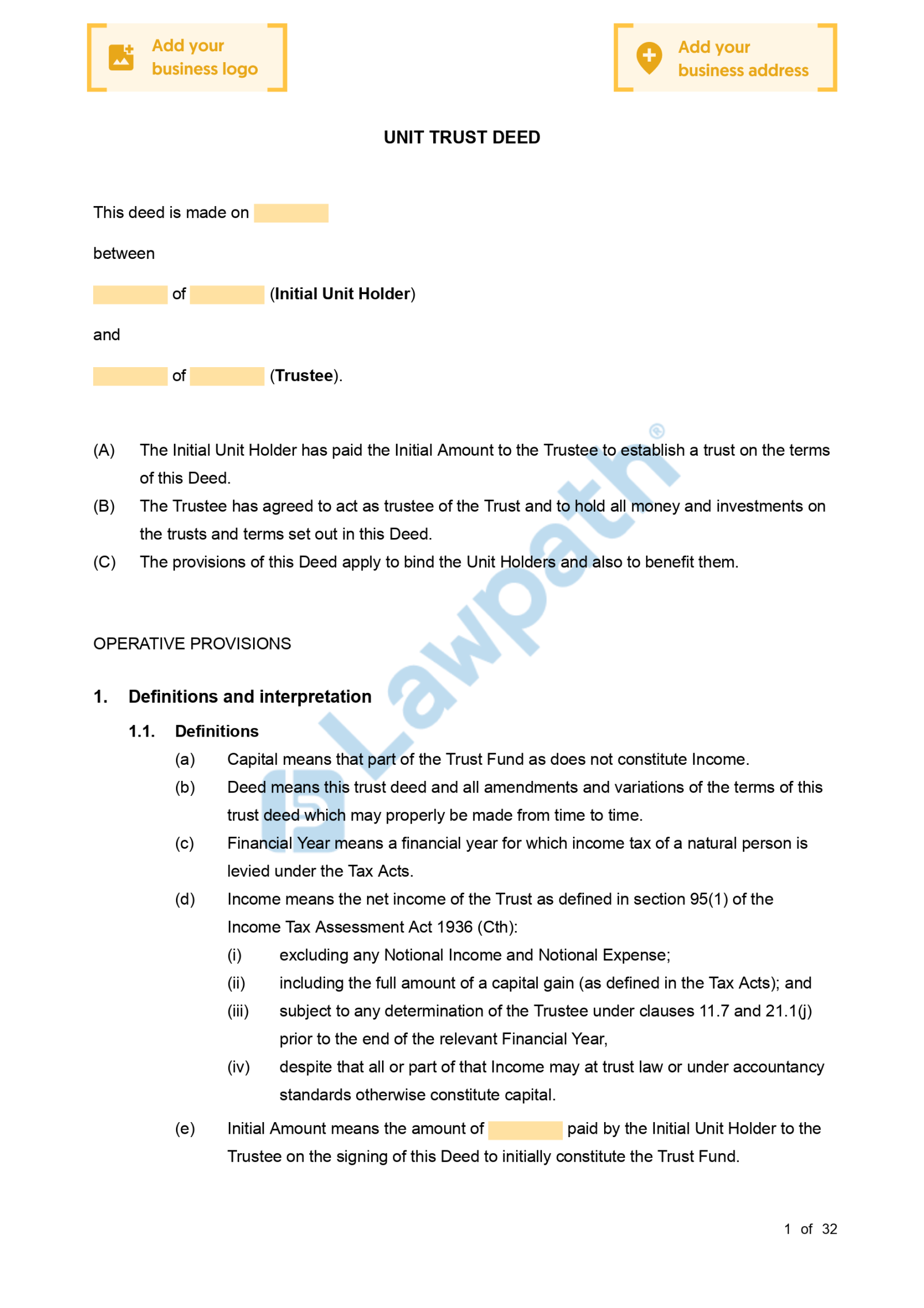 Unit Trust Deed - Free Template  Sample - Lawpath