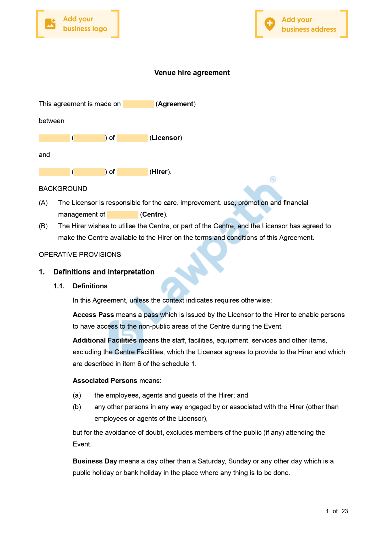 Venue Hire Agreement - Free Template  Sample - Lawpath