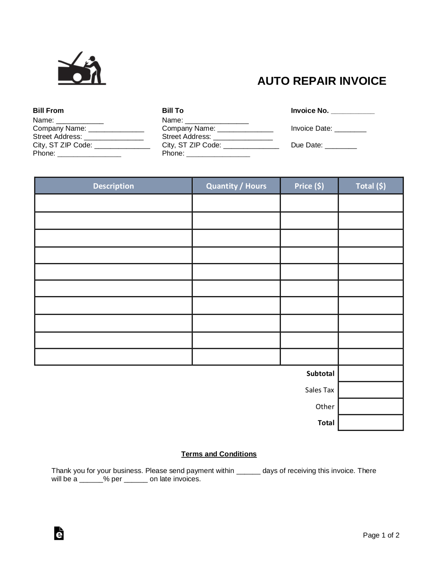 Free Auto Body (Mechanic) Invoice Template - PDF  Word – eForms