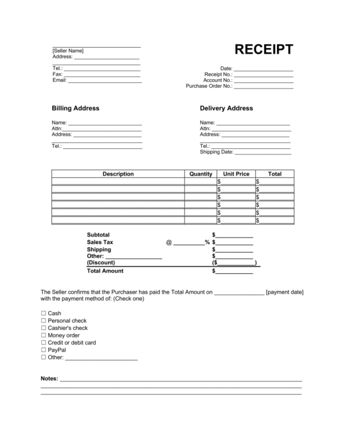 Free Receipt Template  Printable PDF