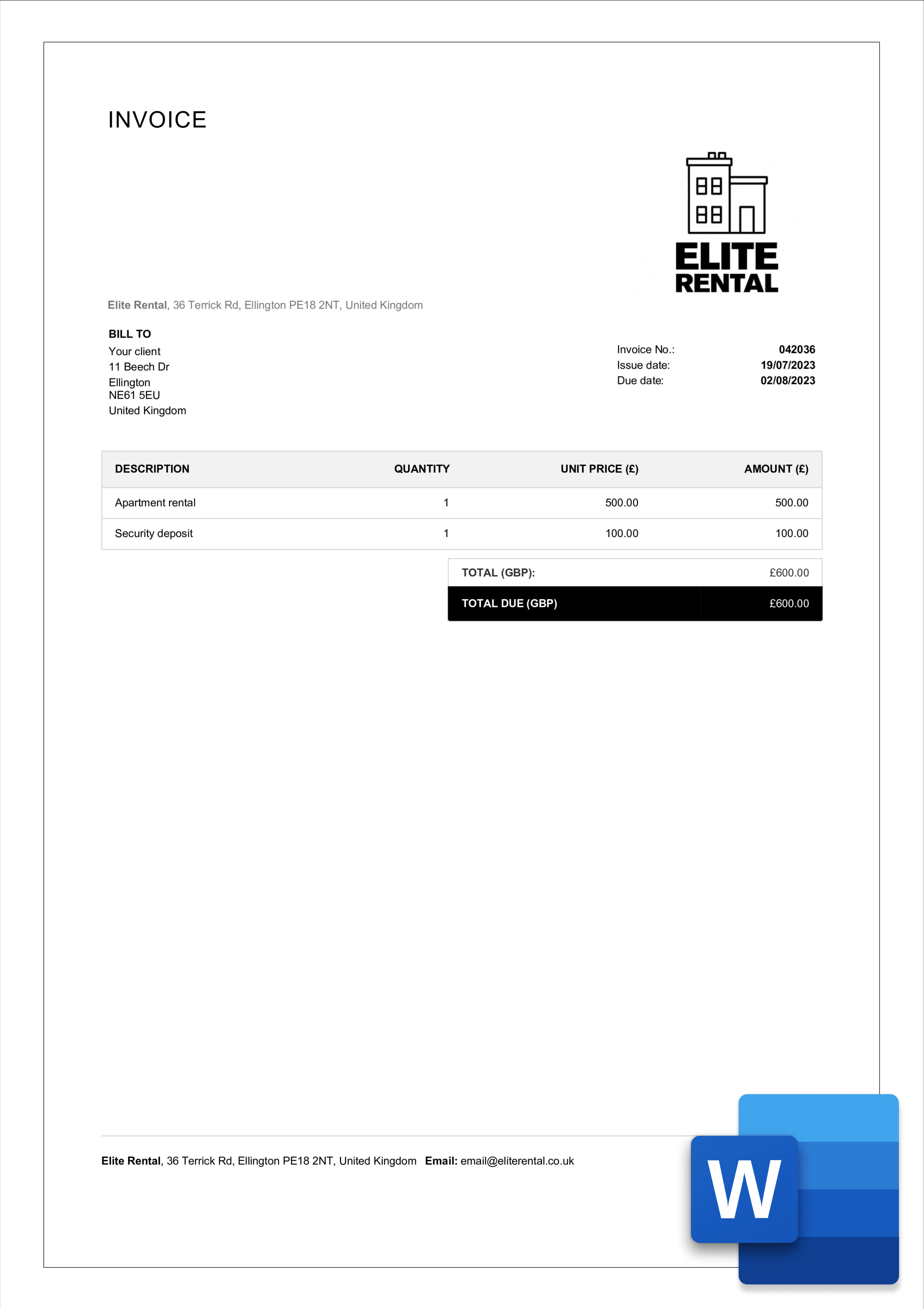 Free Rental Invoice Templates in Word  Billdu