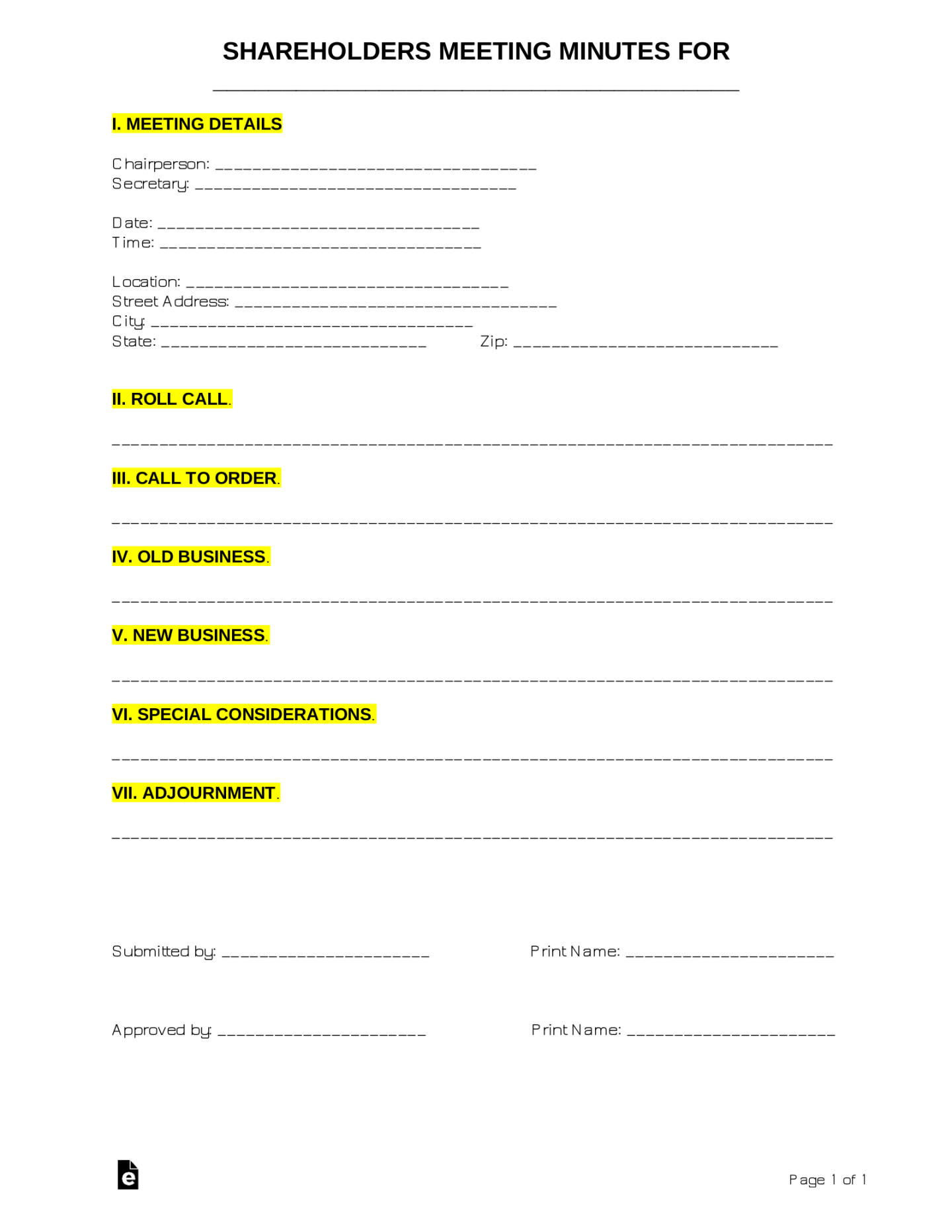 Free Shareholders Meeting Minutes Template - PDF  Word – eForms