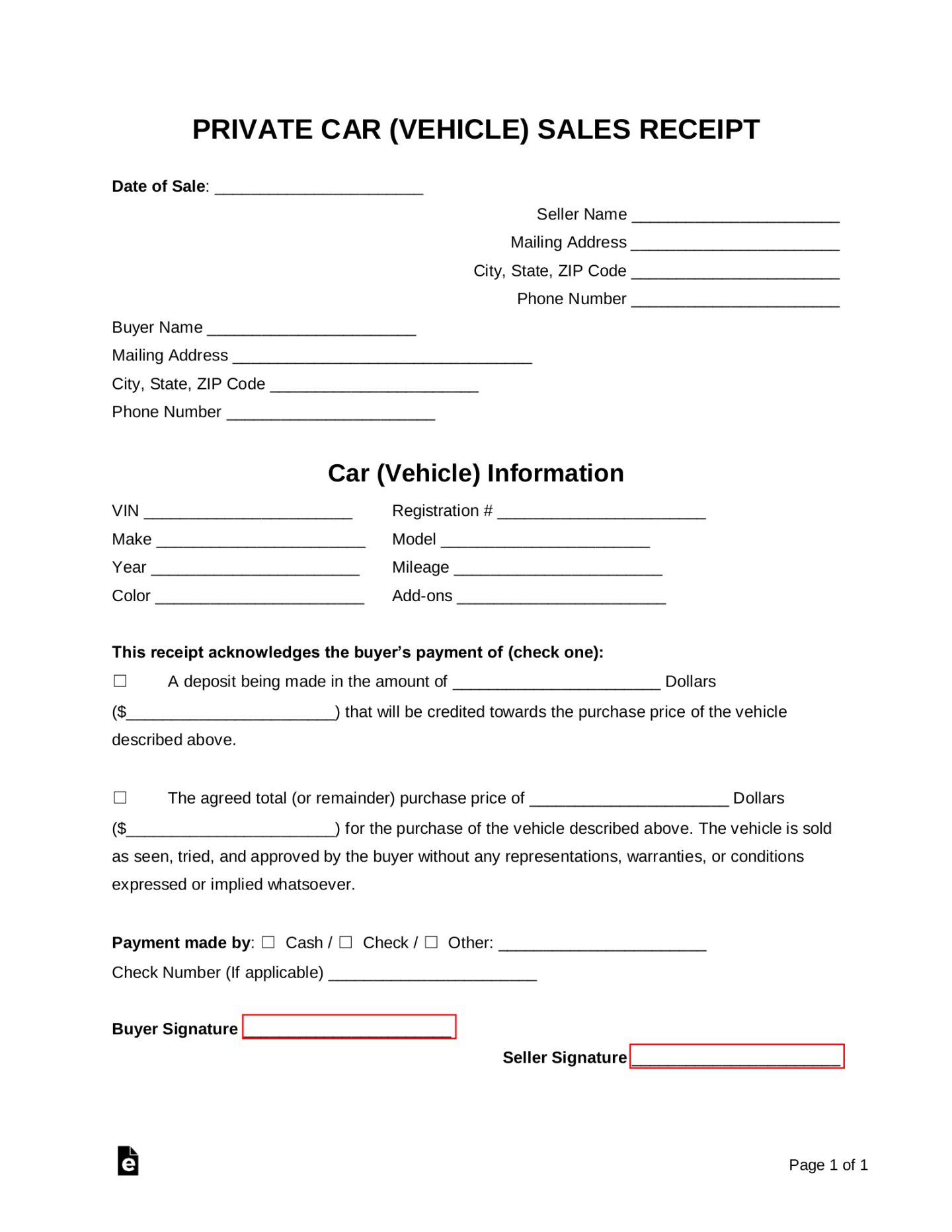 Free Vehicle (Private Sale) Receipt Template - PDF  Word – eForms