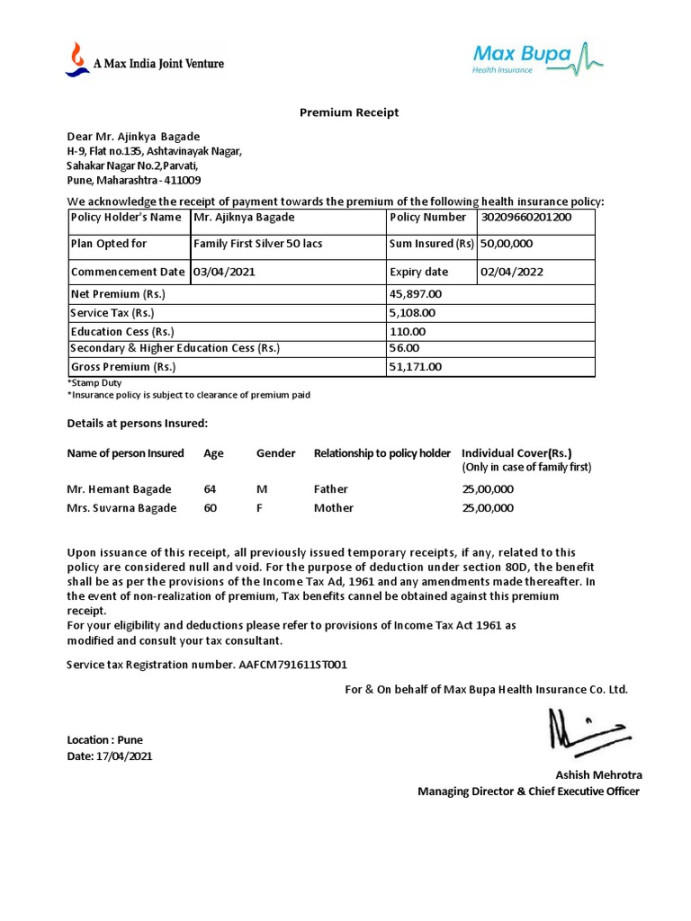 Medical Insurance Premium Receipt-Family  PDF  Insurance  Taxes