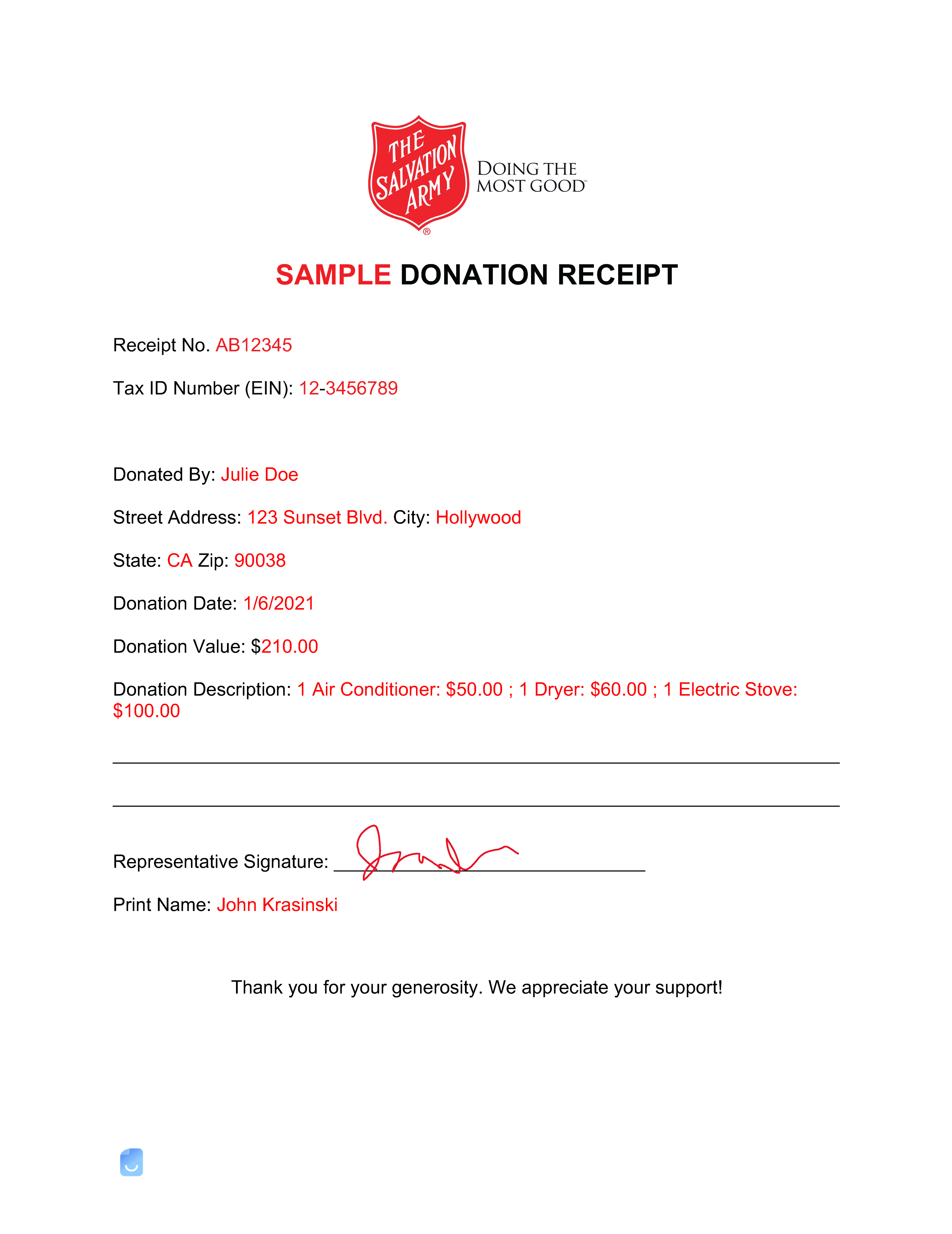 Salvation Army Donation Receipt Template  Invoice Maker