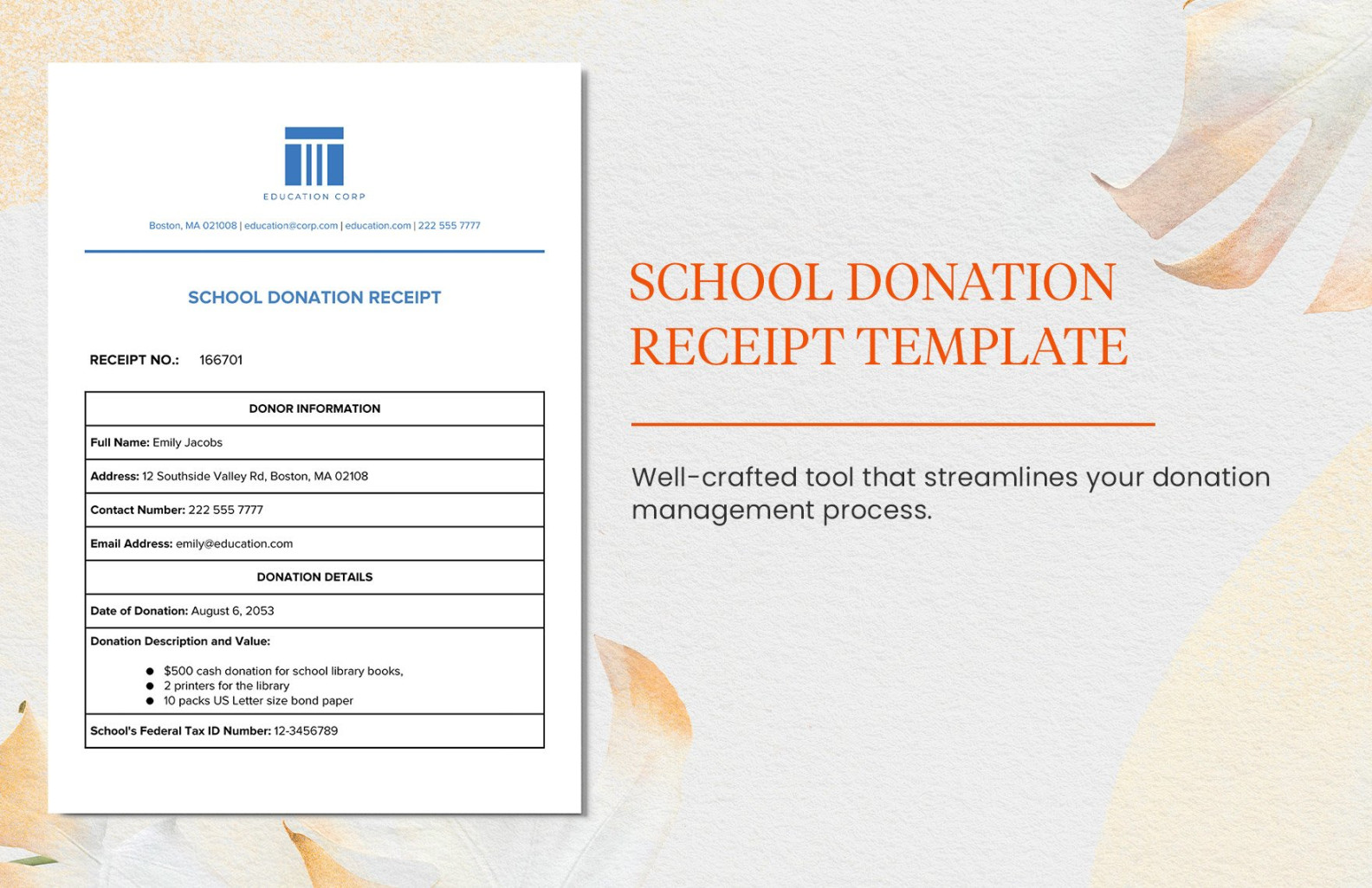 School Donation Receipt Template in Word, PDF, Google Docs